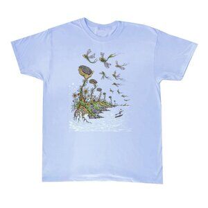 Psychedelic T Shirt Men’s L Flying Fish Mushrooms Brains Stoner Trippy Eclectic